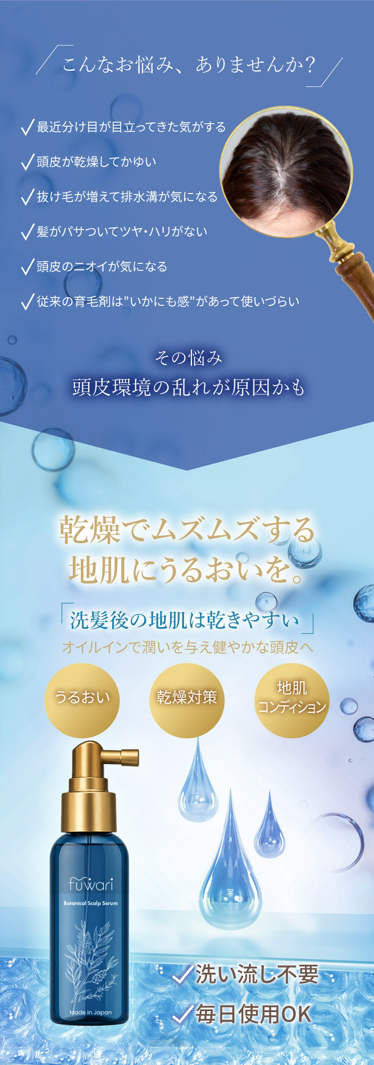 こんなお悩みありませんか ボタニカルスカルプセラム fuwari 頭皮ケア スカルプケア フワリ アンチエイジング 更年期 女性 頭皮ケア  日本製 国産 乾燥 かゆみ フケ ふわり