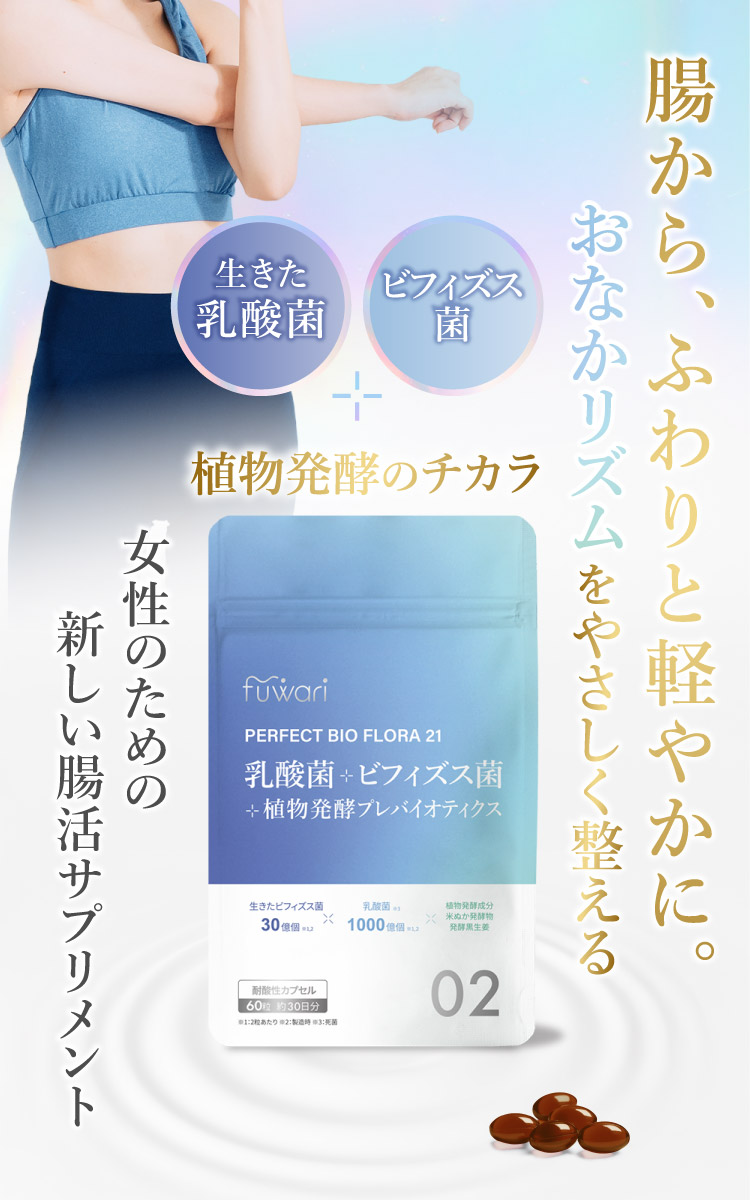 パーフェクトビオフローラ 乳酸菌 ビフィズス菌 サプリメント 60粒 植物発酵 お腹のハリ ガス 便秘 腸内バランス 乱れ 腸活 腸内環境v 栄養素 更年期 ゆらぎ ホルモン 神経 美容 fuwari ふわり