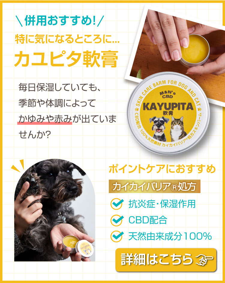 カユピタ軟膏 併用おすすめ バナー 犬 ストレス CBDオイル カユピタ軟膏 CBD バーム 犬用 猫用 クーポン獲得