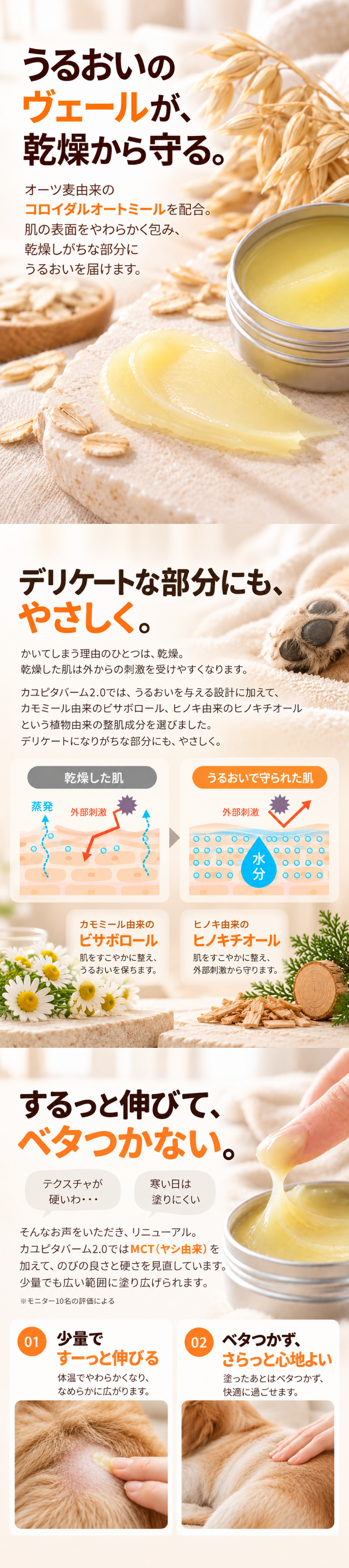 うるおいのヴェールが、乾燥から守る｜デリケートな部分にも、やさしく｜するっと伸びて、ベタつかない