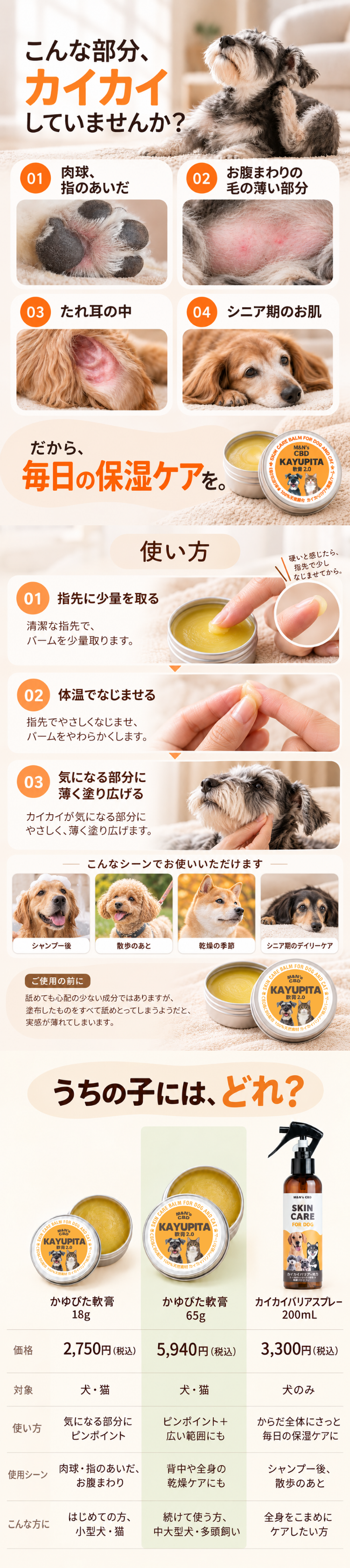 こんな部分、カイカイしていませんか？｜使い方｜うちの子には、どれ？ 18g・65g・カイカイバリアスプレーの比較